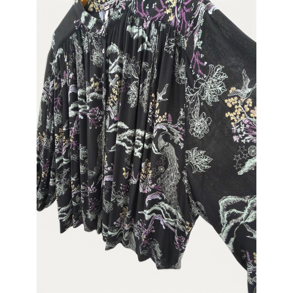 Free People Tunic Black Metallic Blooms Printed Dolman Top Boho Whimsigoth Indie - Picture 6 of 13